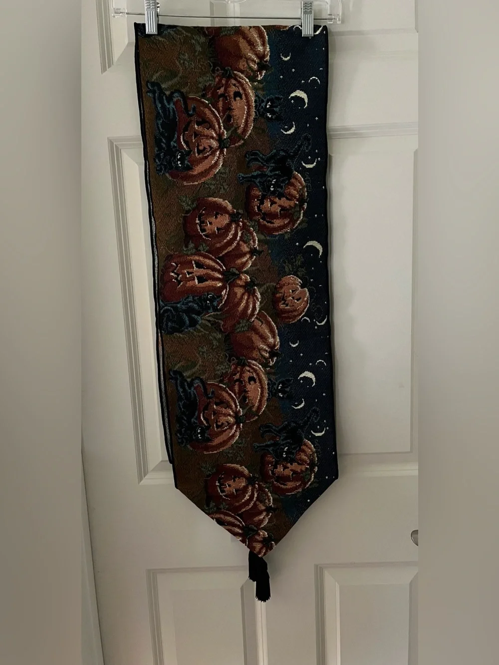 Vintage Pumkatz Halloween Tapestry Table Runner 13x72 Pumpkin Black Cat tassels